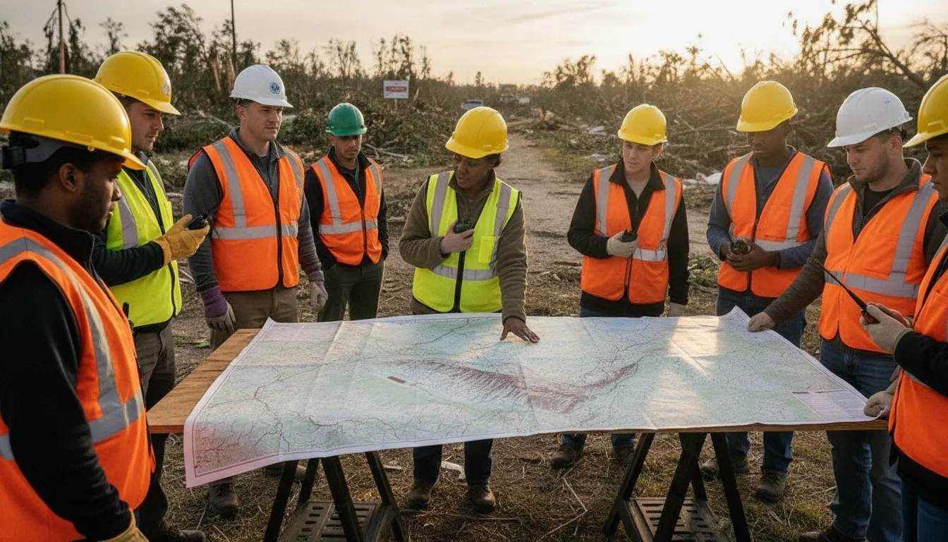 Search and rescue volunteers coordinating on a field operations map outdoors