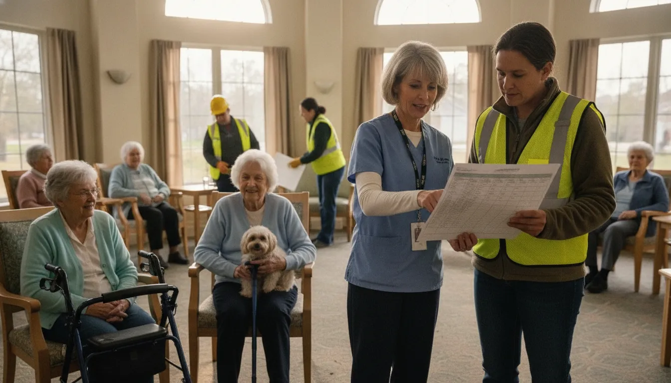 Senior living staff practicing resident accountability after an evacuation drill