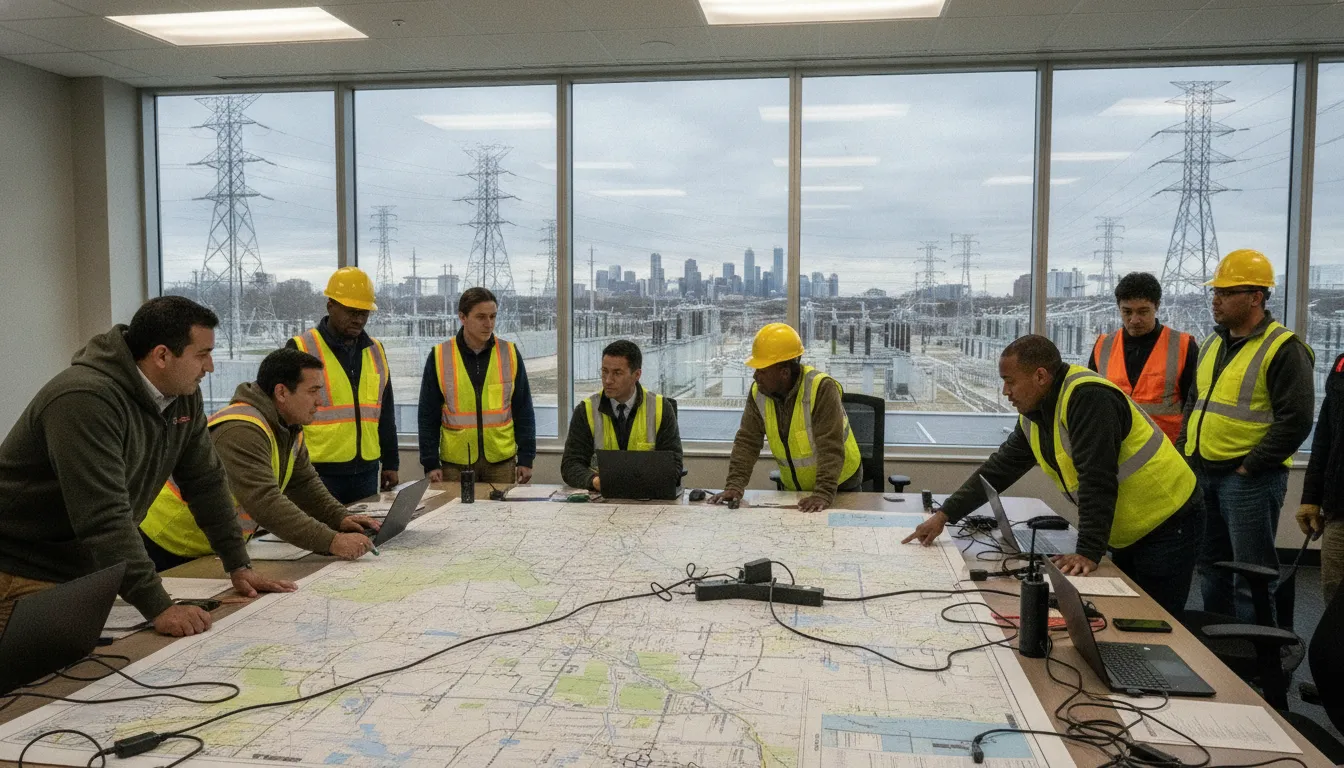Emergency management team coordinating utility outage information