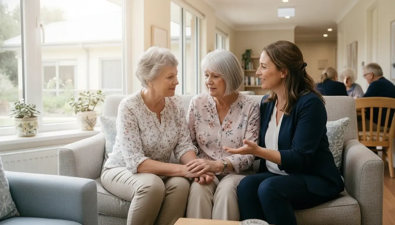 Adult daughter speaking with a care professional beside her mother in a warm memory care community in Charlotte, NC