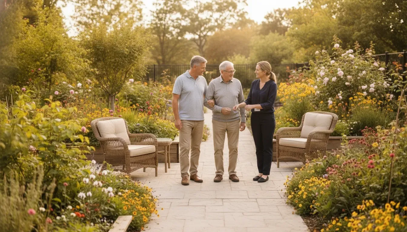 Family touring a secure memory care garden with a staff member in Charlotte, NC