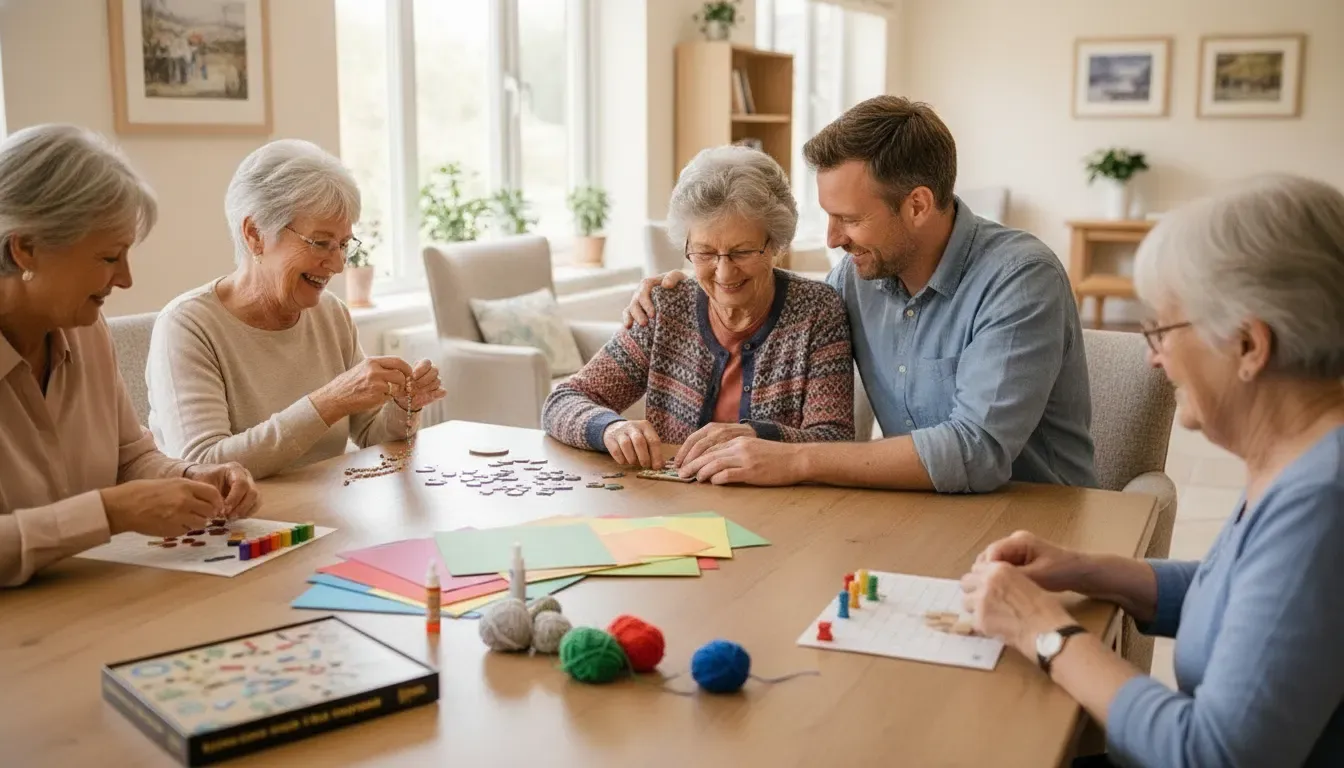 Older adults and a family member taking part in a welcoming assisted living activity
