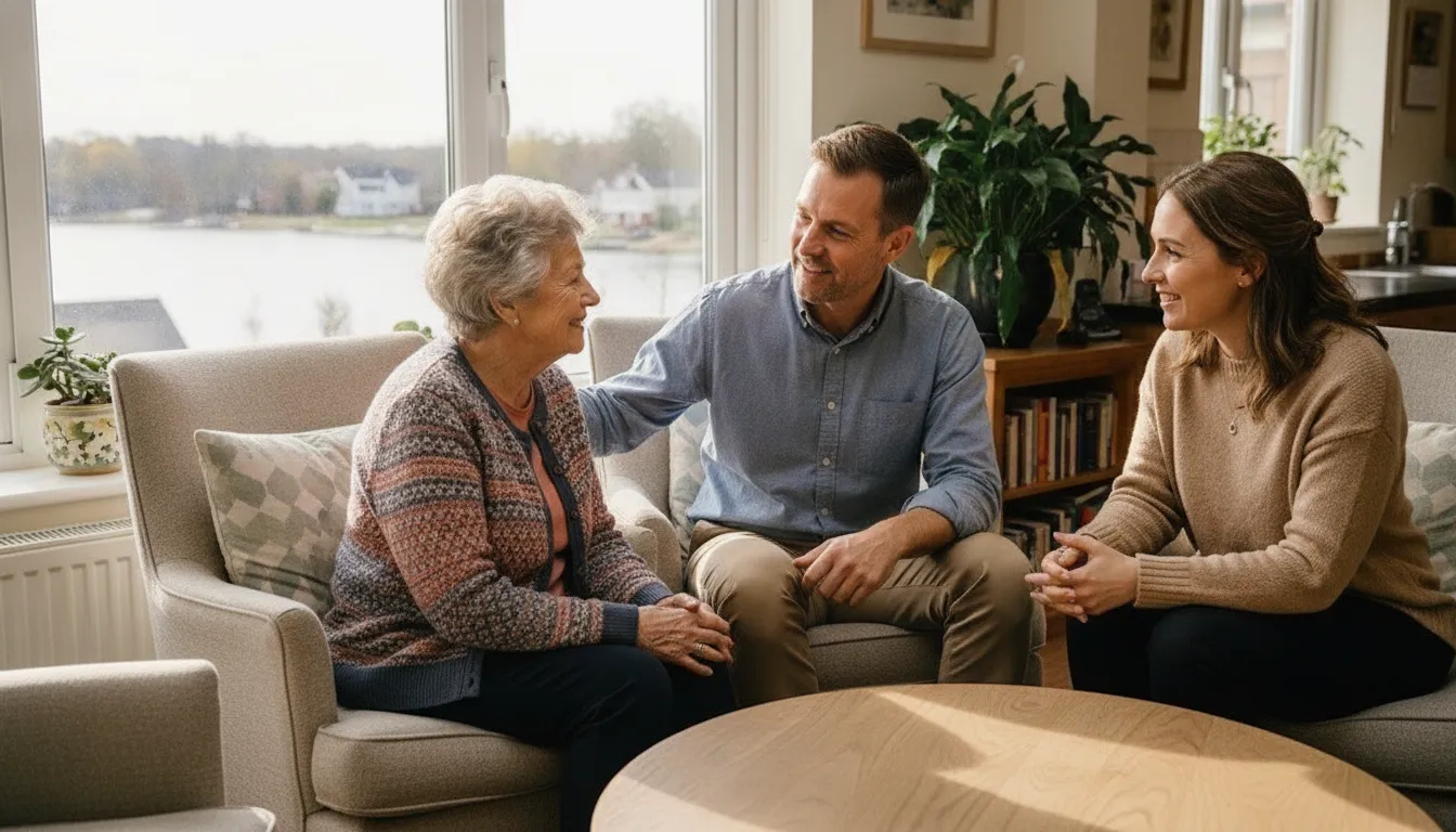 A family talking with a senior living advisor beside a window overlooking a lakeside neighborhood at Lake Norman.