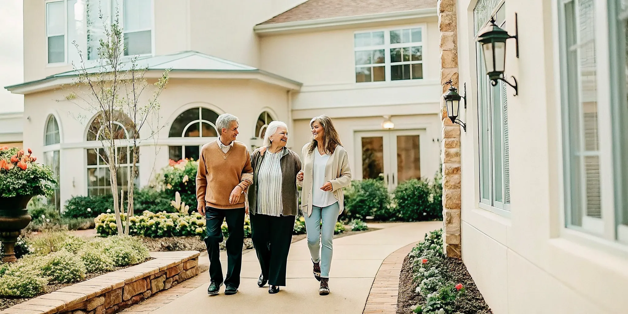 A happy family walking together in a beautiful, sunlit outdoor courtyard of a senior living community in Waxhaw, NC.