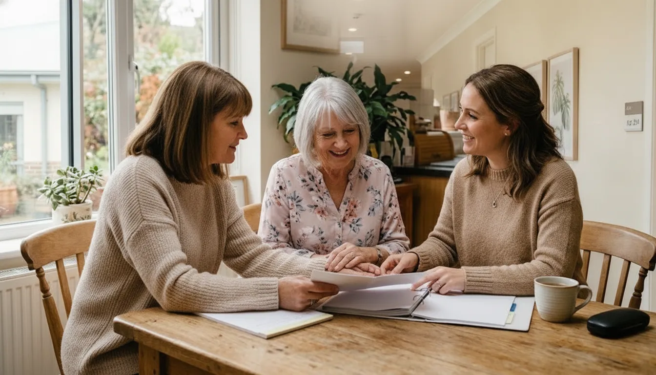 Family reviewing a care plan with a senior living coordinator
