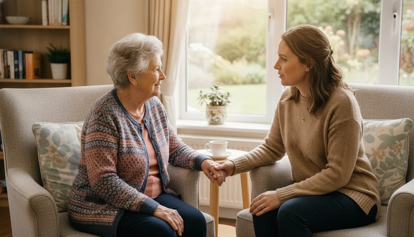 Adult daughter and older parent sharing a calm conversation in an assisted living common room