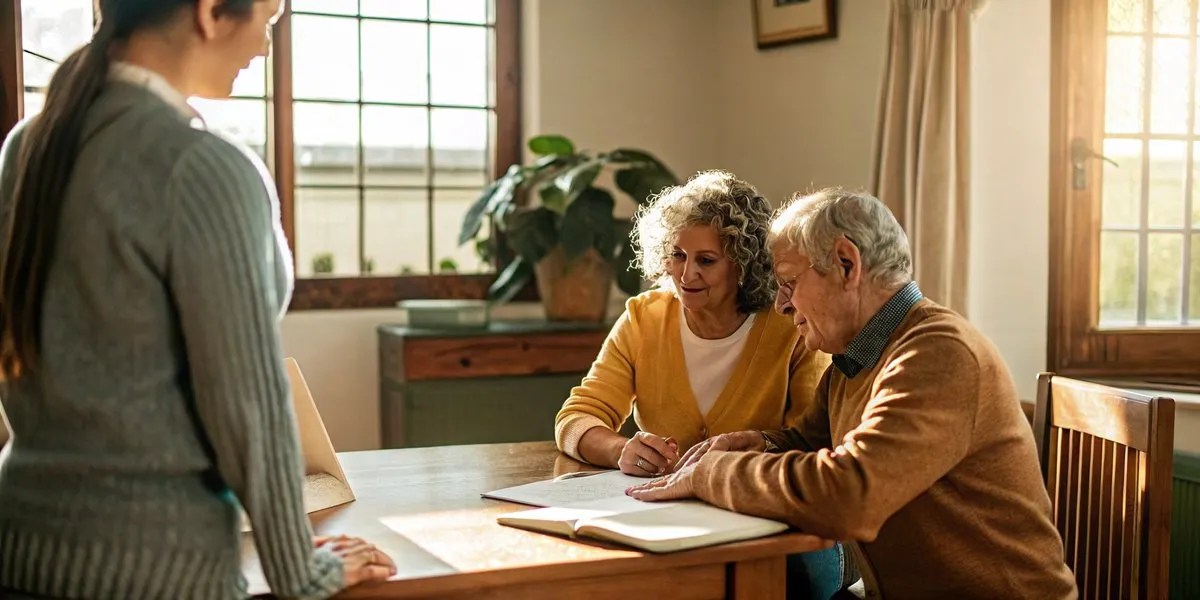 Family meeting with a senior advisor at a sunlit table to discuss care options