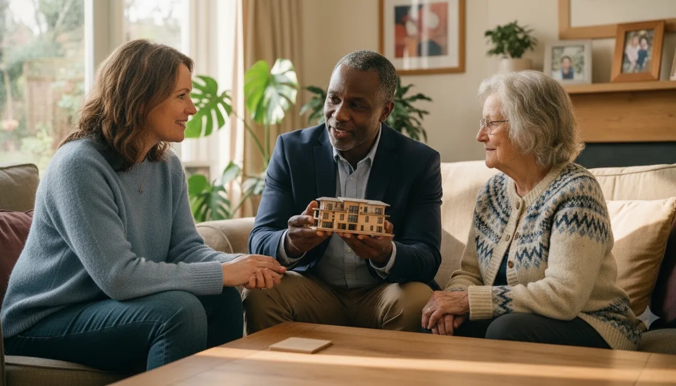 Family discussing dementia care planning with a senior living advisor