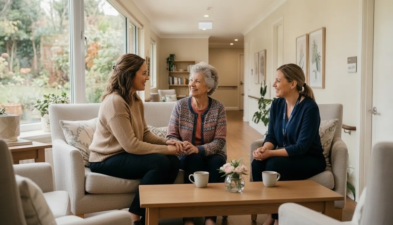 Family and senior living advisor discussing community care options in a bright lounge