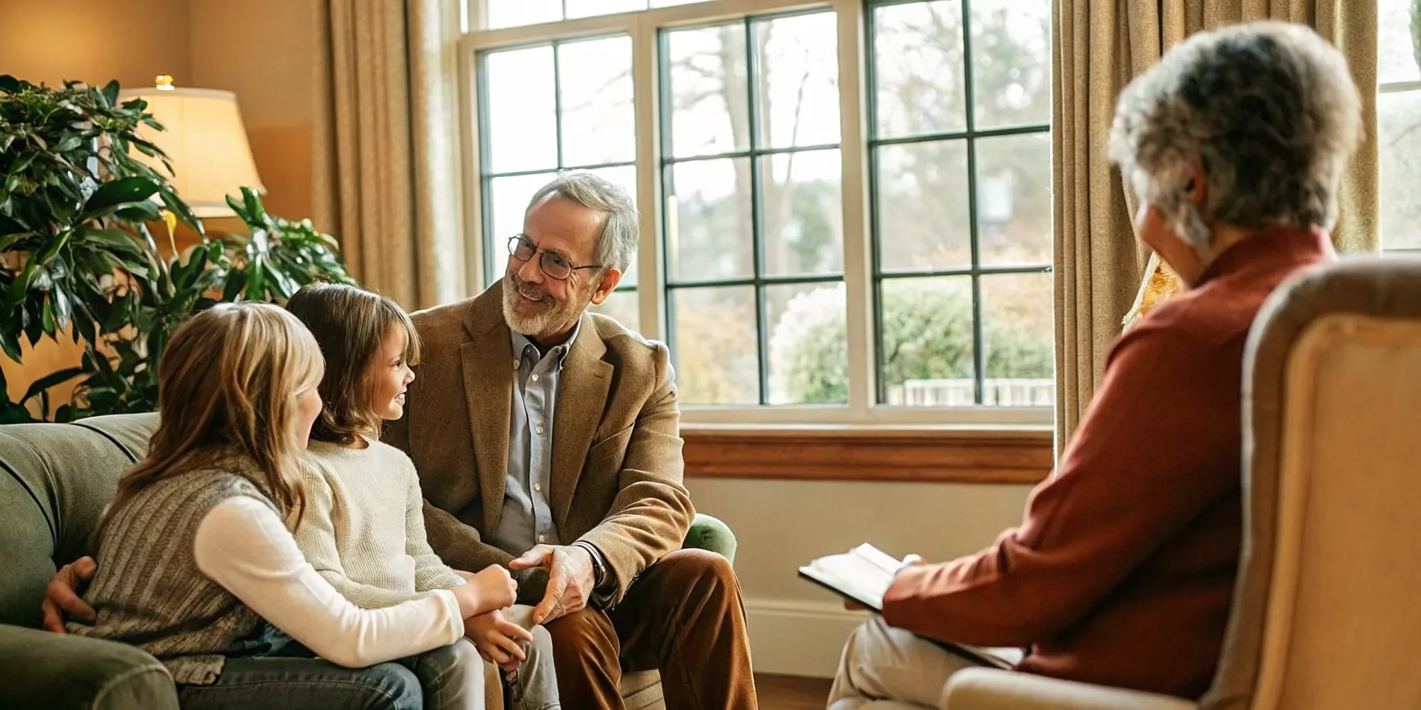 A senior advisor meeting with a multi-generational family at a sunlit assisted living community in Charlotte