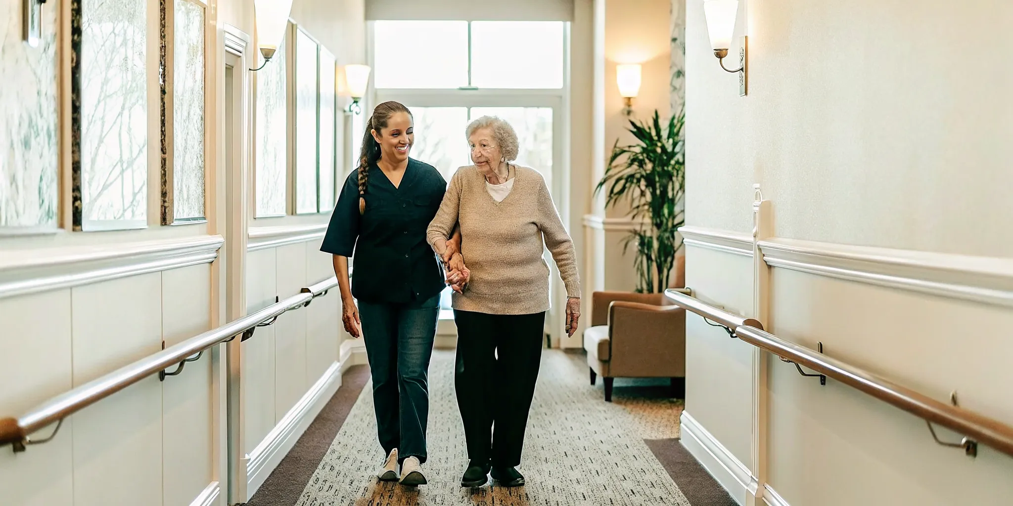 An older adult walking through a bright hallway with safety grab bars in a modern senior living community
