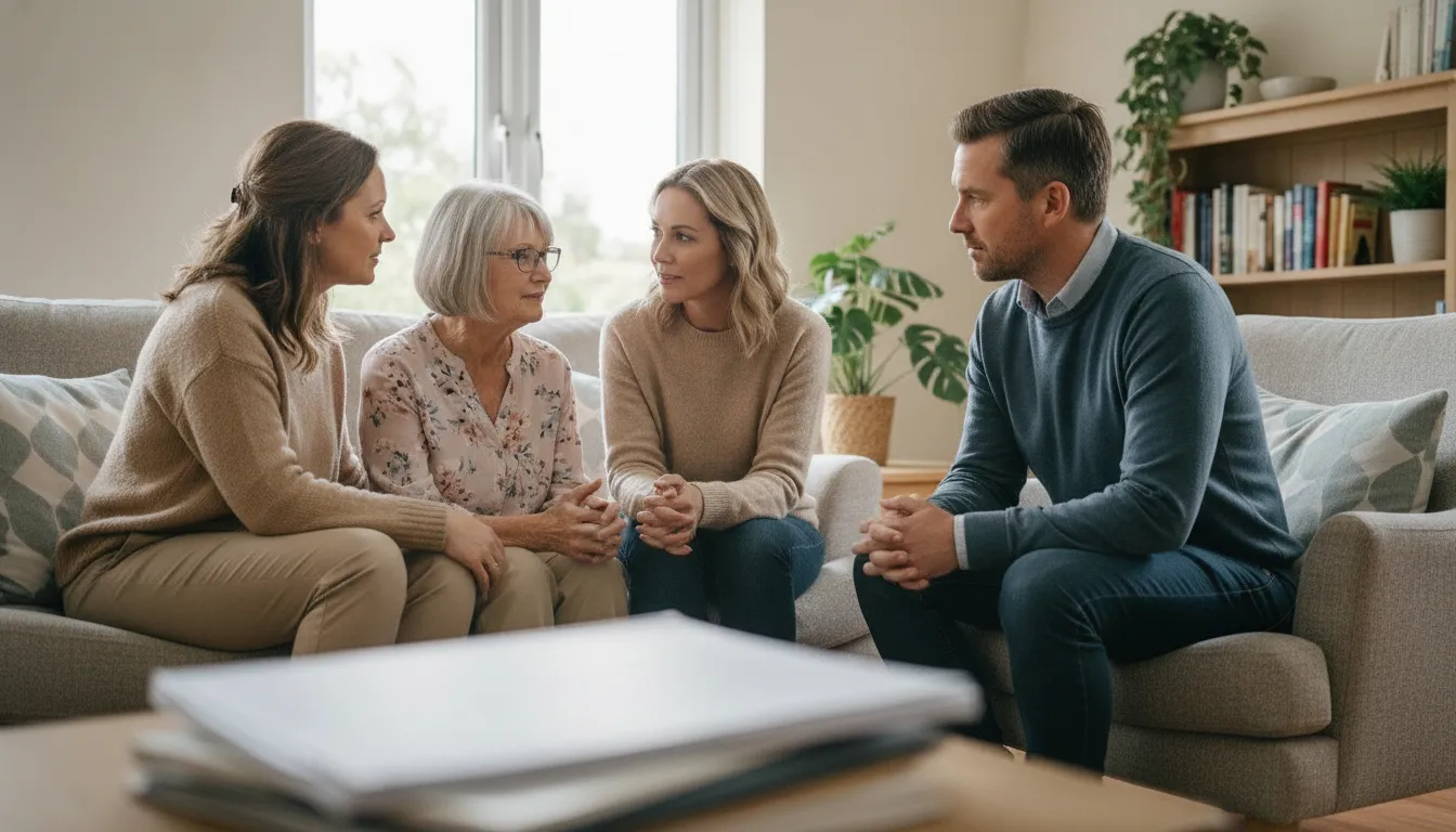 An adult daughter and son talking with an older parent and an advisor about memory care planning in a bright family living room.