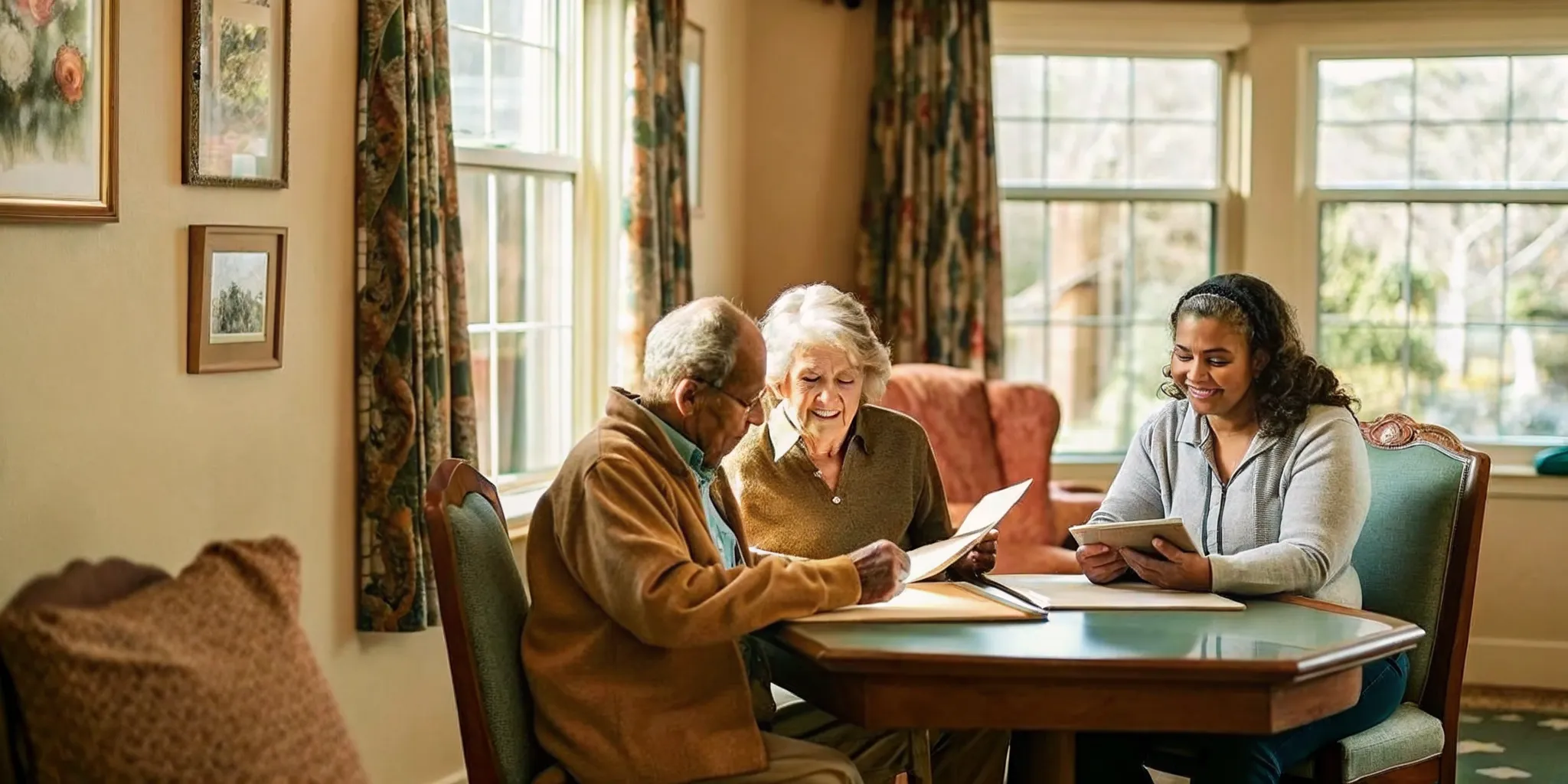 Veteran and adult daughter reviewing assisted living options with a senior placement advisor at a sunlit table