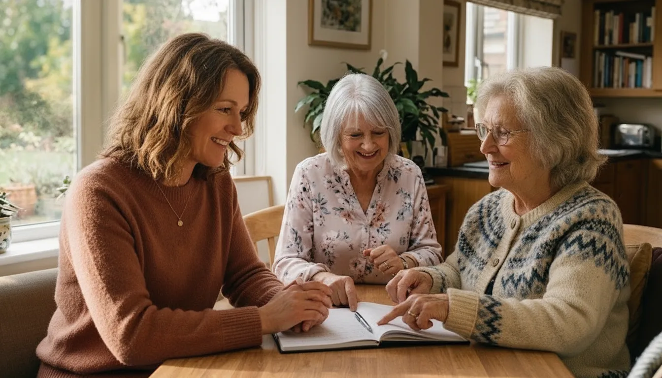A senior living advisor speaking with a daughter and her aging mother about care options.