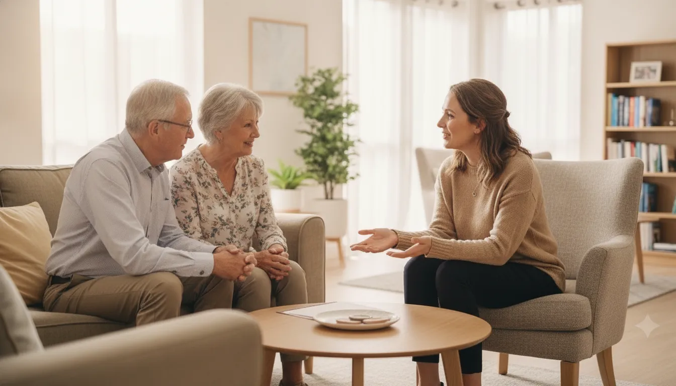 Adult children and an aging parent meeting with a senior-living advisor in a warm assisted living community common room