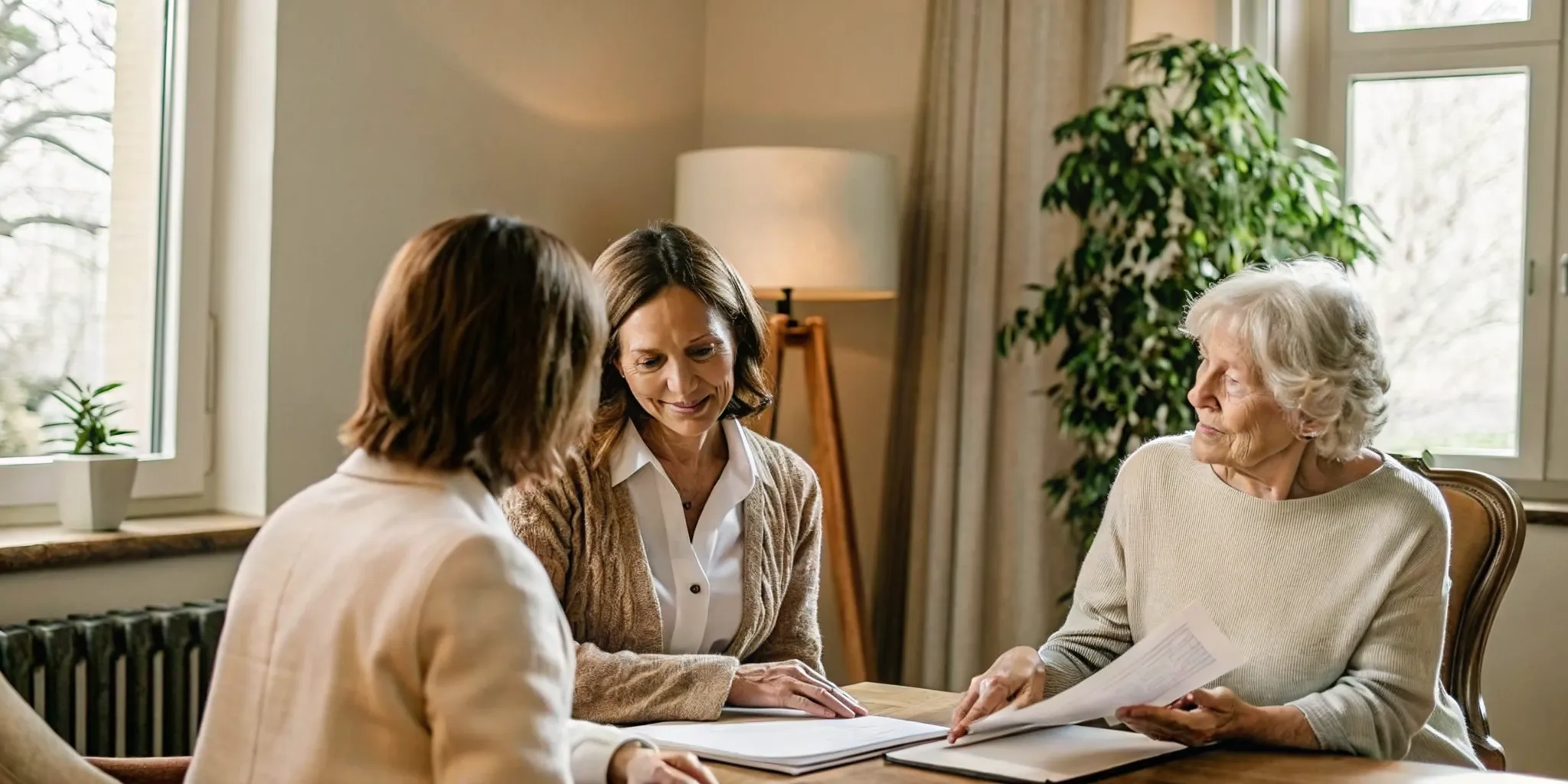 Senior advisor discussing assisted living financing options with a family