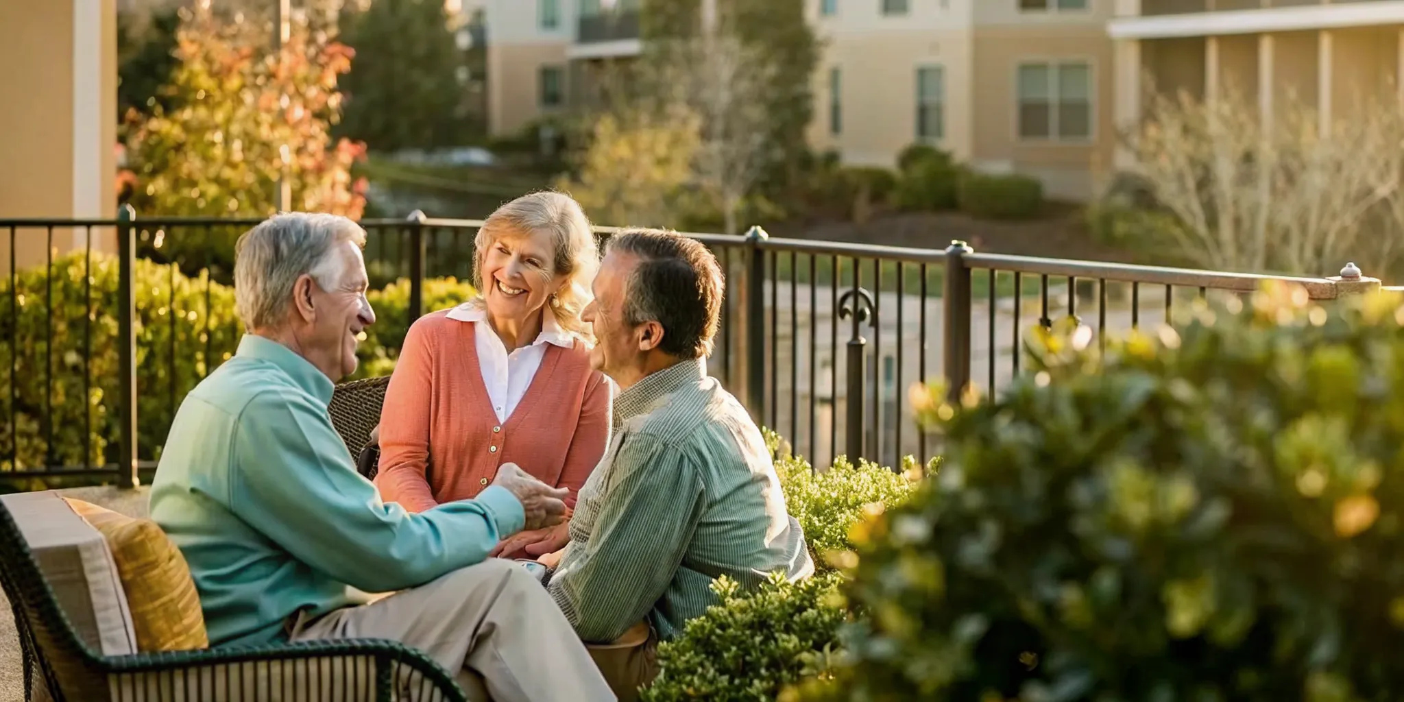Active seniors chatting with a friendly advisor on a bright patio of a Charlotte independent living community