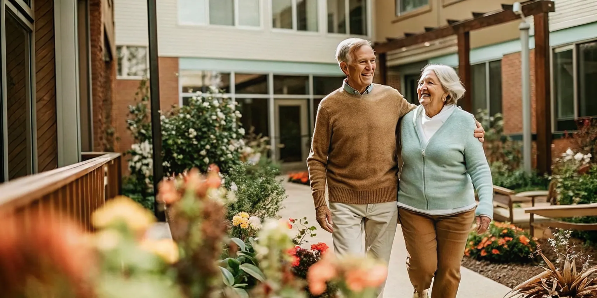 Senior couple walking through a bright garden path at a Charlotte senior living community