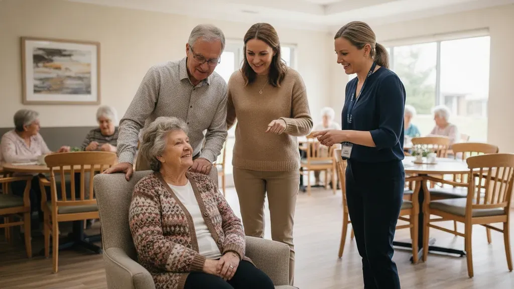 A family and senior living advisor comparing an assisted living community during a tour