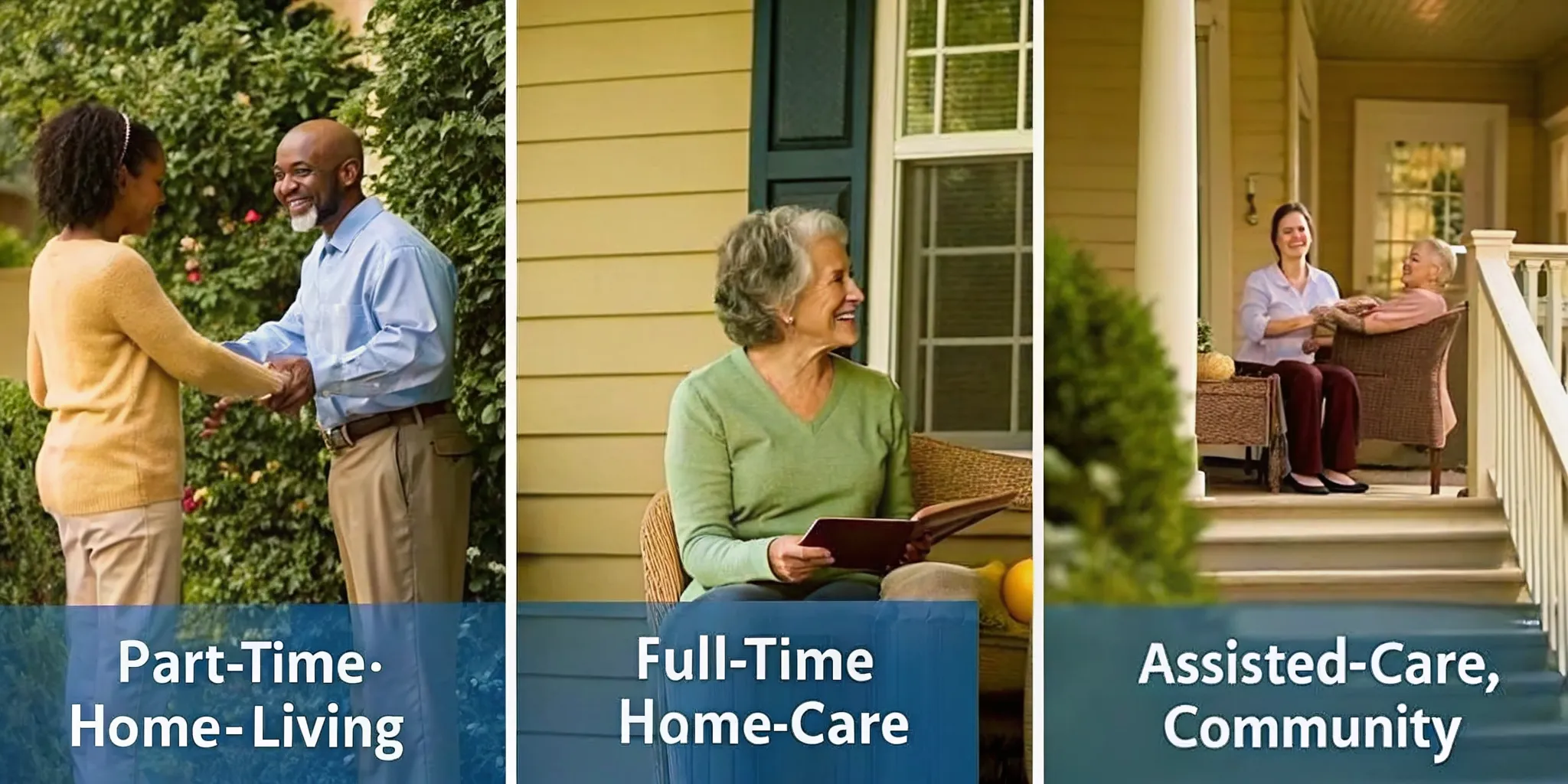 Diagram showing three levels of senior care from part-time home help through full-time assisted living