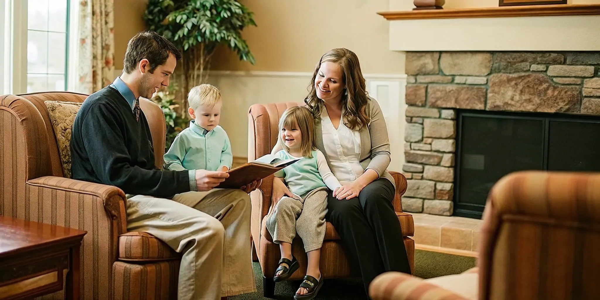 Memory care team members sitting with a resident in a bright common area