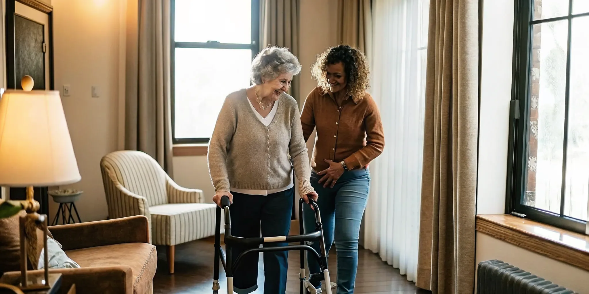 Caregiver assisting a senior woman with a walker in a bright assisted living hallway