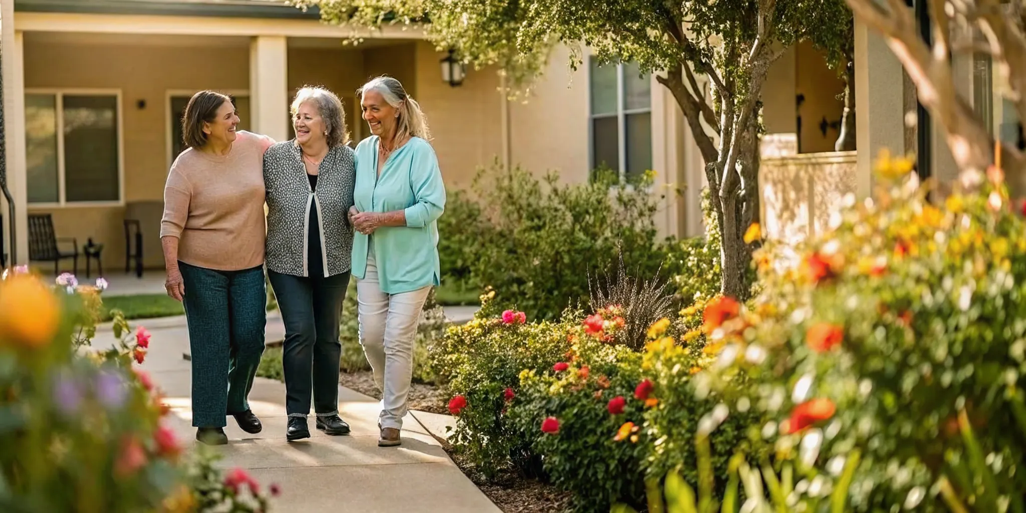 Senior living advisor walking through a sunny Charlotte retirement community courtyard with a daughter and her mother