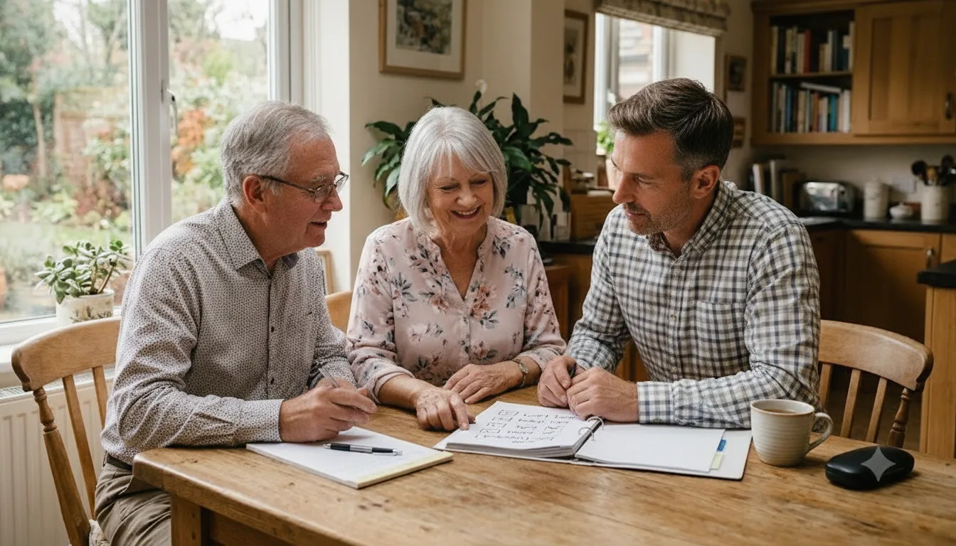 A family at a kitchen table reviewing a simple memory care cost comparison list with an elder parent, warm household scene