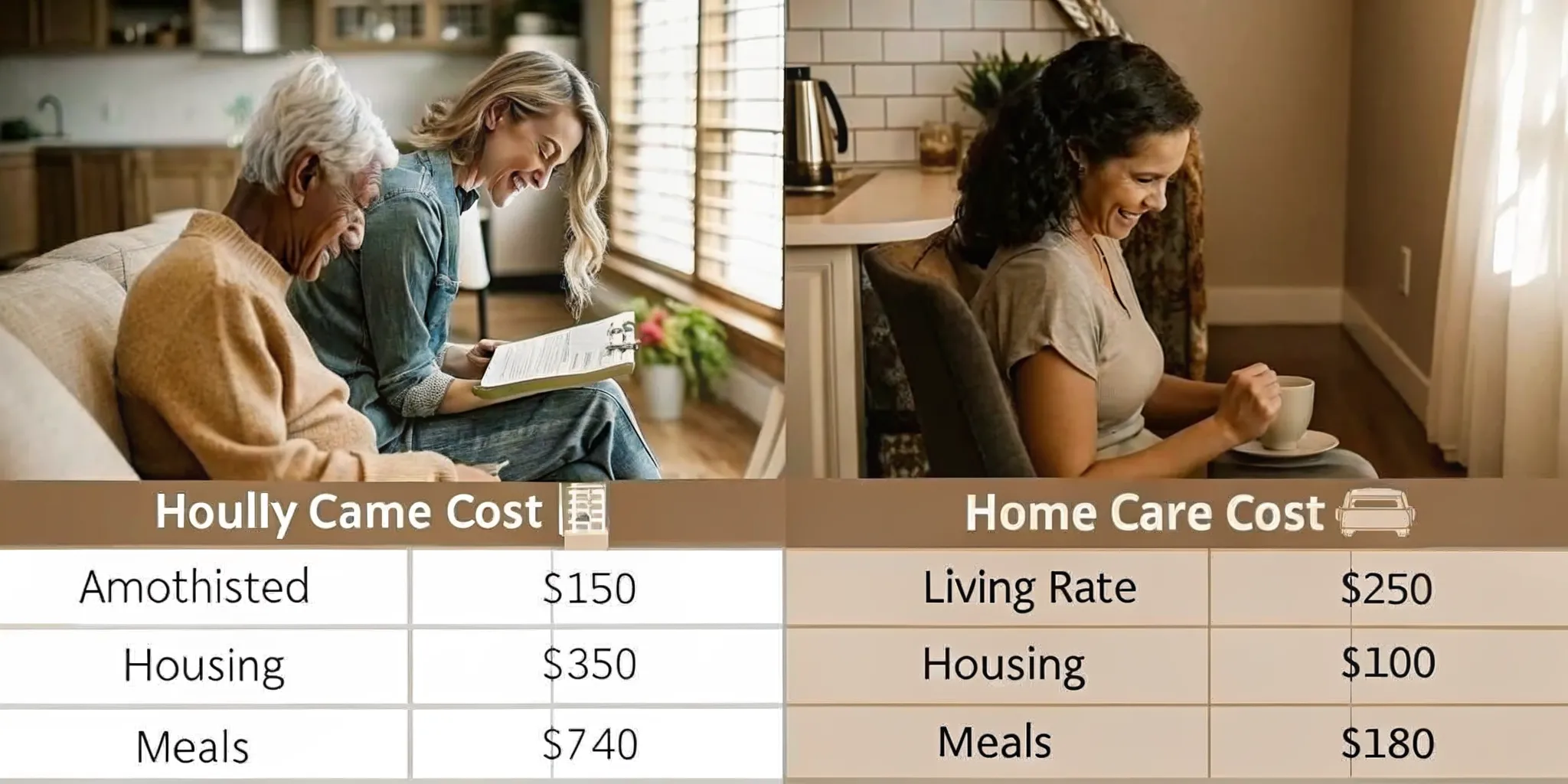 Comparison infographic showing hourly home care costs versus flat monthly assisted living rates