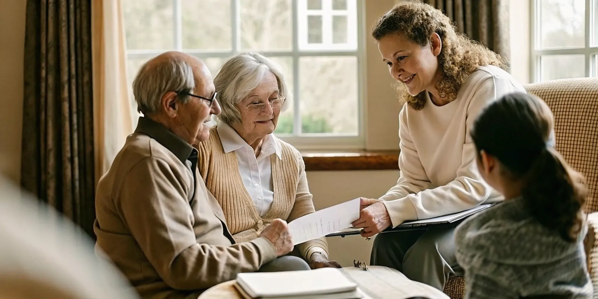 Family reviewing memory care pricing paperwork with a senior living advisor