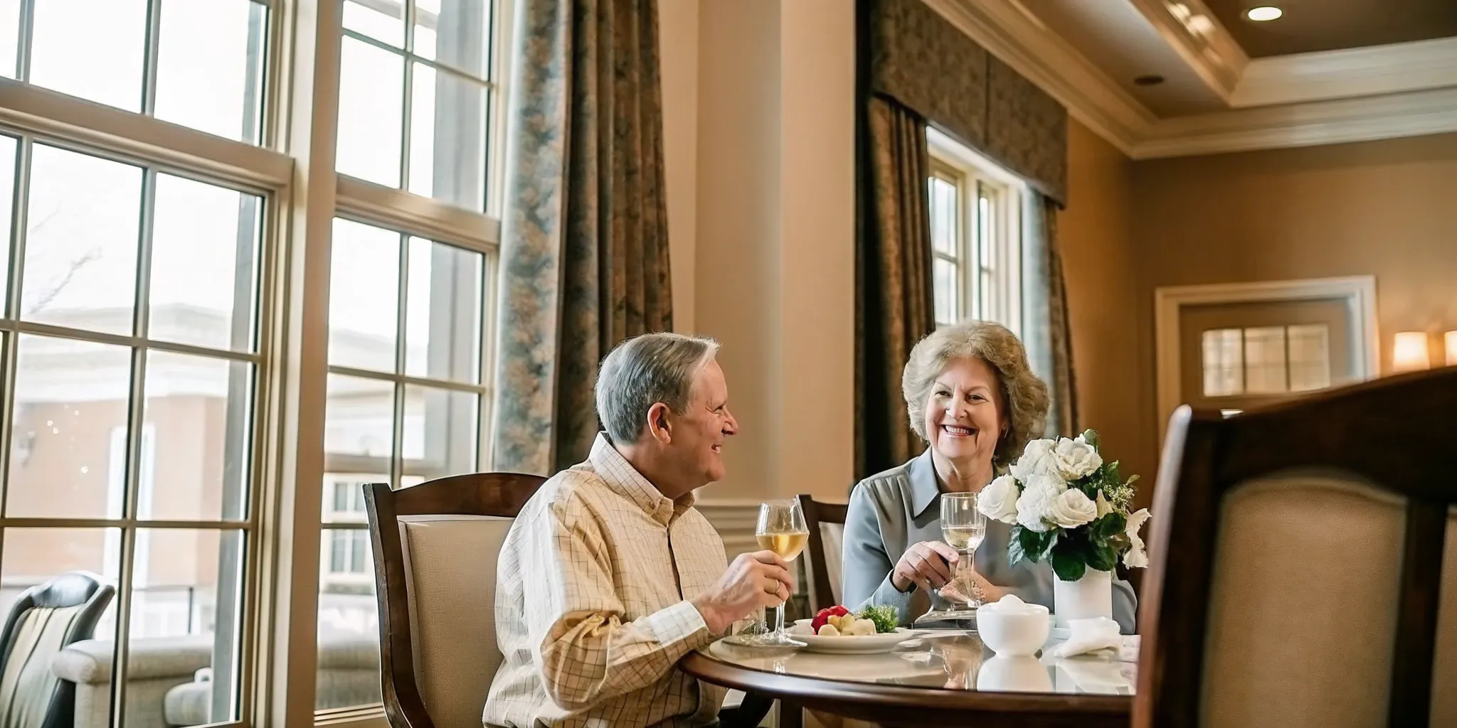 Senior couple enjoying a meal in the elegant dining room of a Charlotte independent living community