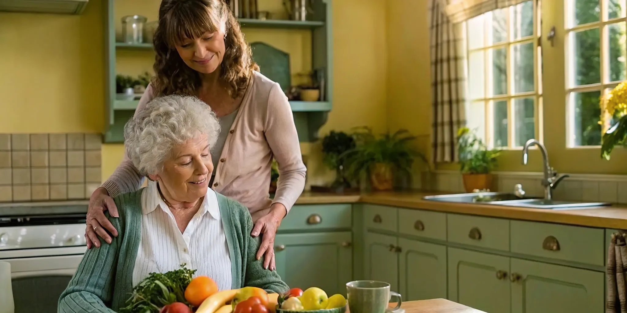 Senior woman sitting at a table with fresh fruit while a caring family member looks on