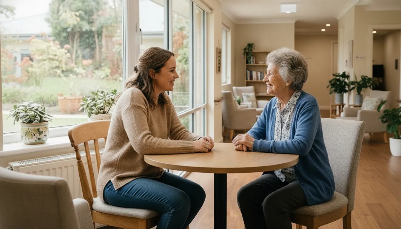An adult daughter and mother talking in a bright senior living community common room in Union County, NC
