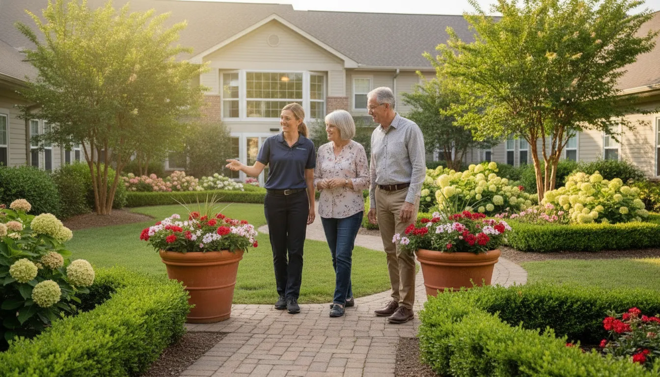 A senior living staff member touring a middle-aged couple through a garden at a Union County community