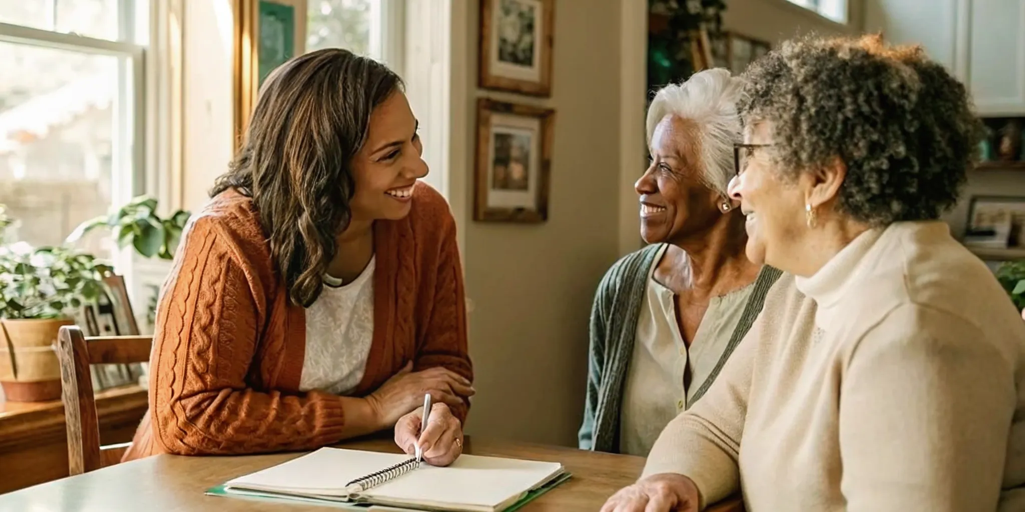 Senior living advisor speaking with an adult daughter and her elderly mother at a sunlit kitchen table to discuss memory care costs and planning