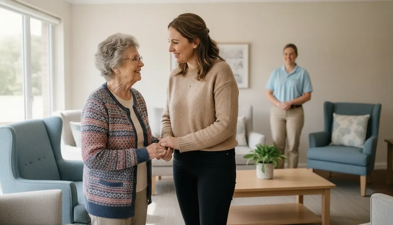 Family touring a warm memory care Monroe NC community with an older adult