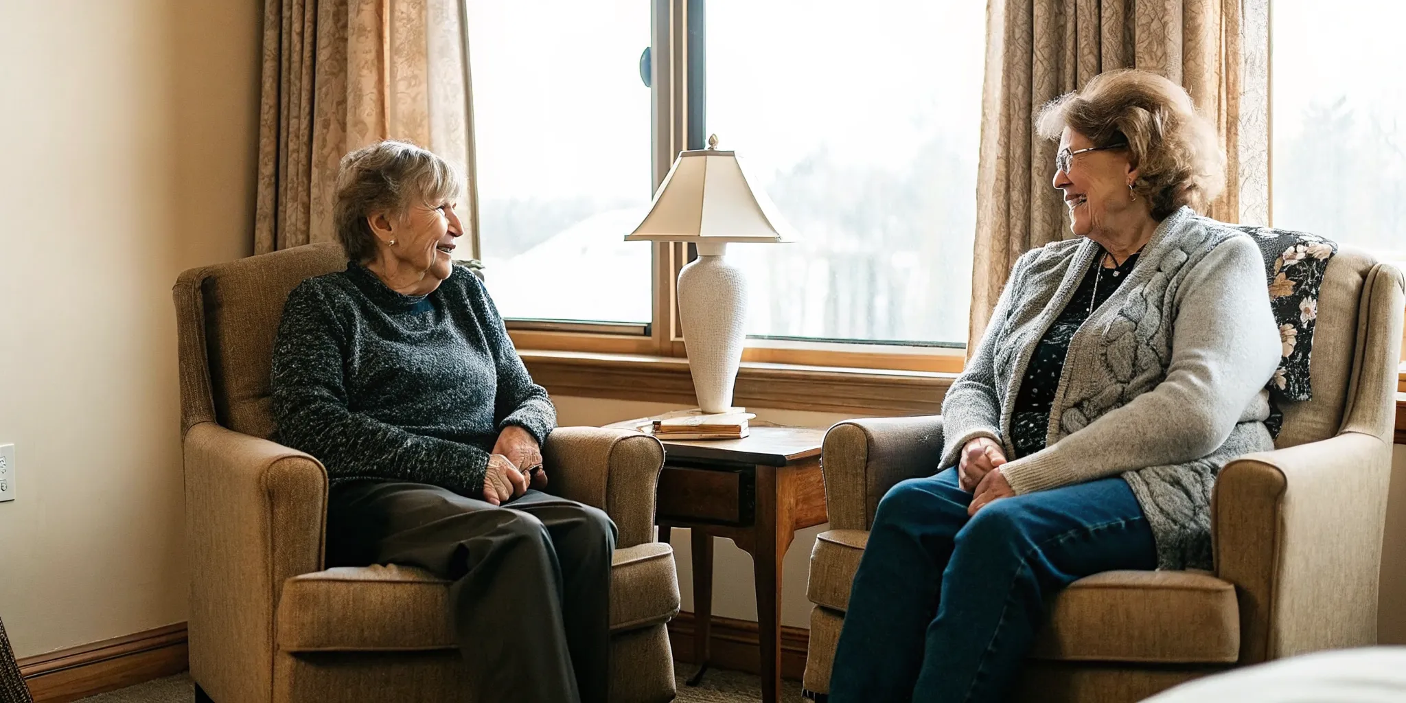 Two seniors sitting together in a warm, well-lit memory care shared room with comfortable furnishings