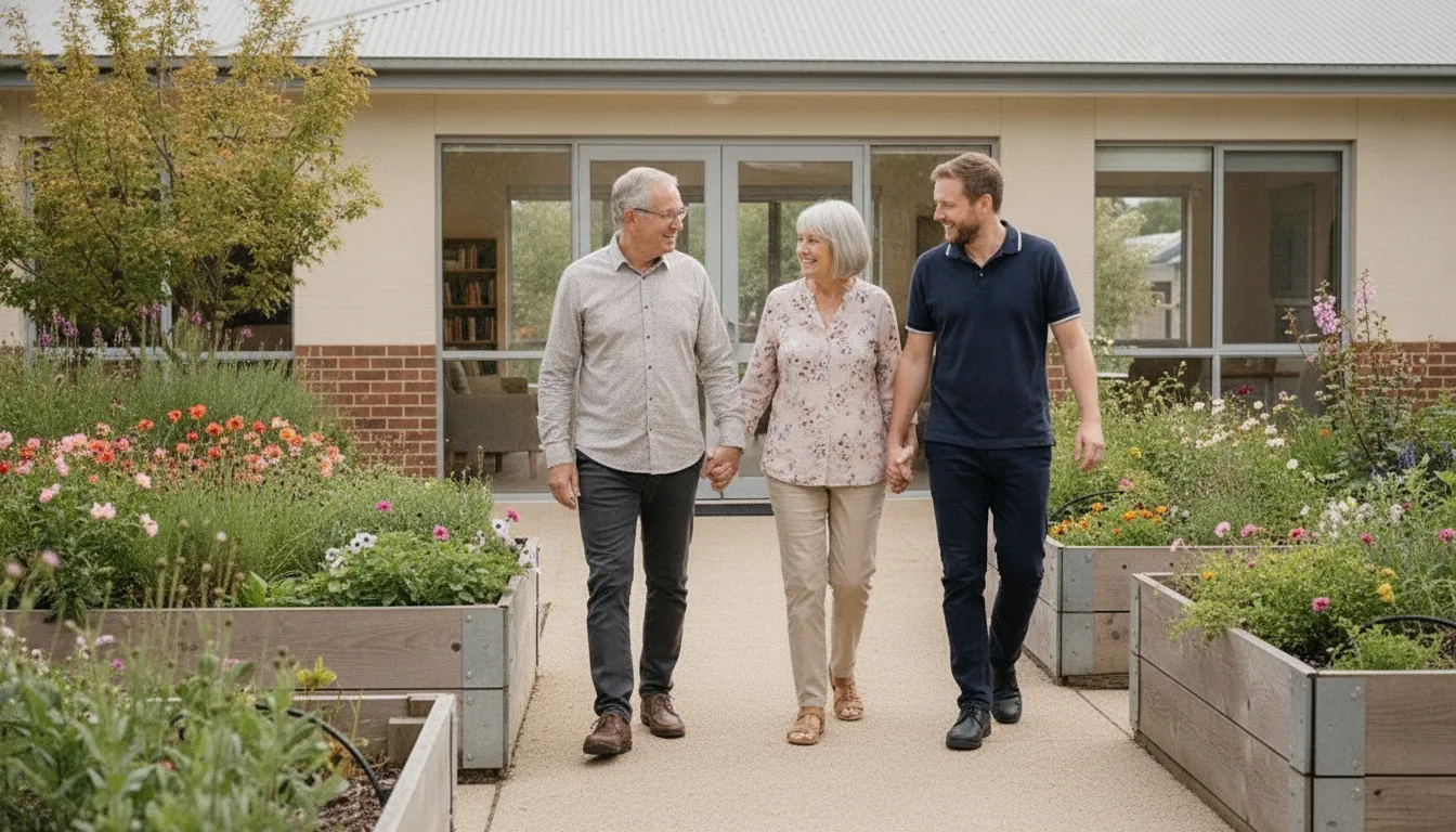 Family touring a welcoming memory care community with a staff guide