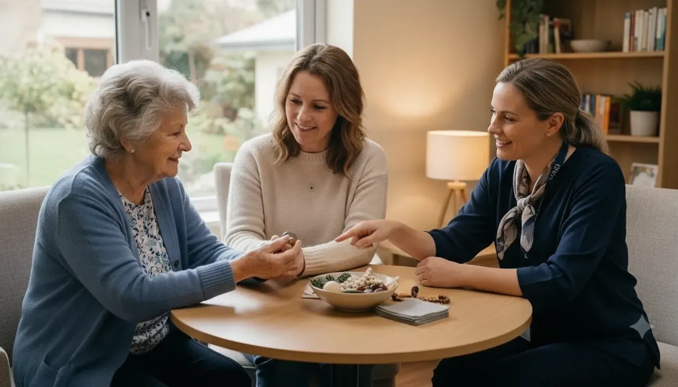 Older adult and family member participating in a memory care activity with staff