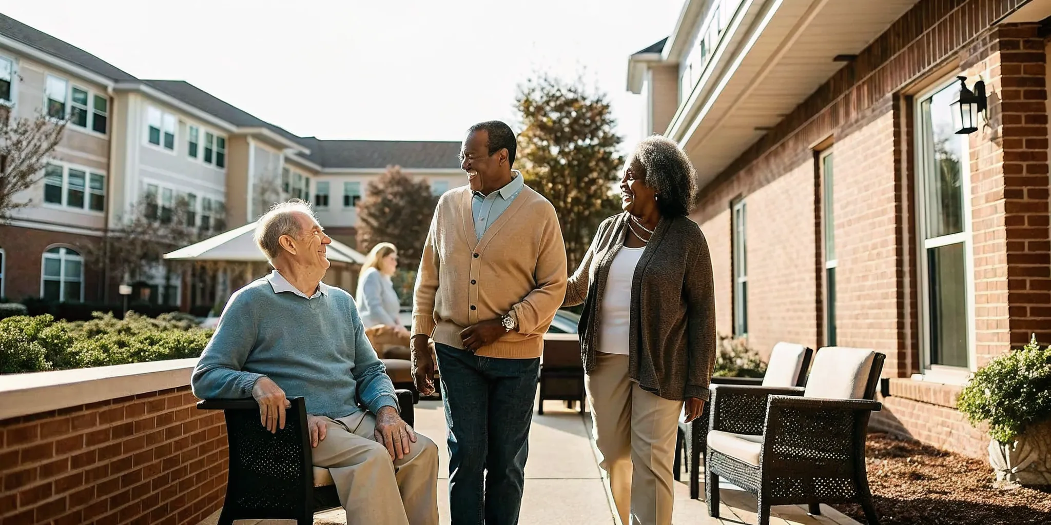Smiling older adults and a family walking with an advisor in a sunny Charlotte senior living community courtyard
