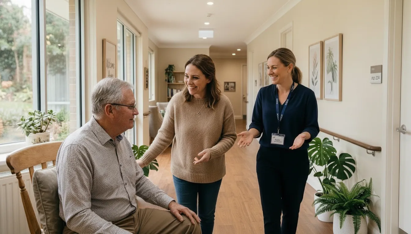 An adult daughter and her elderly father touring a bright senior living community in Union County, NC, speaking with a staff member in a sunlit common room