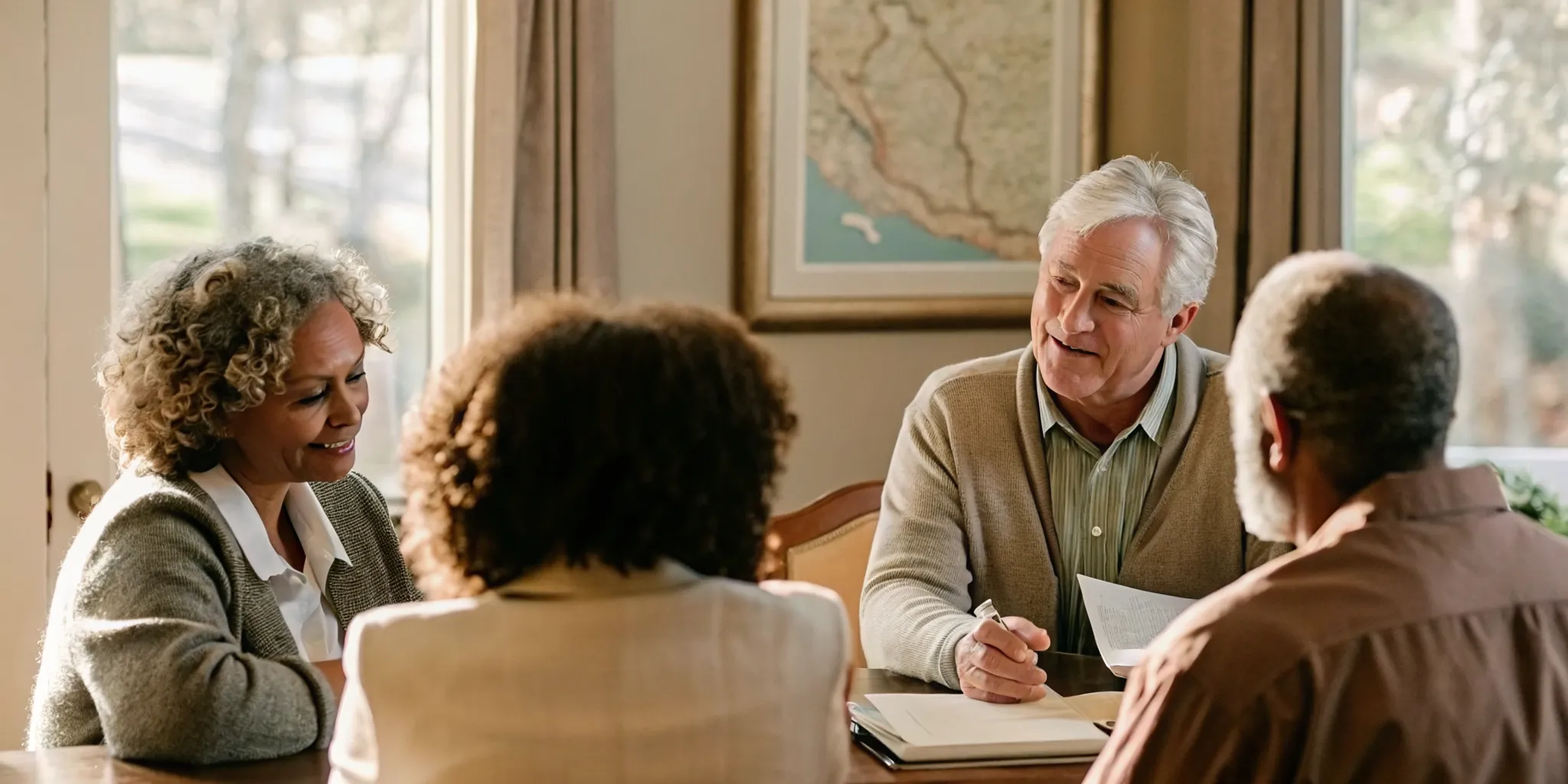 Senior advisor speaking with a multigenerational family about senior living options near Charlotte