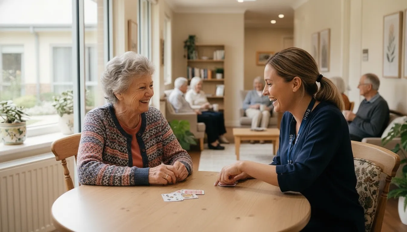 Older woman playing cards in an assisted living common room with a staff caregiver