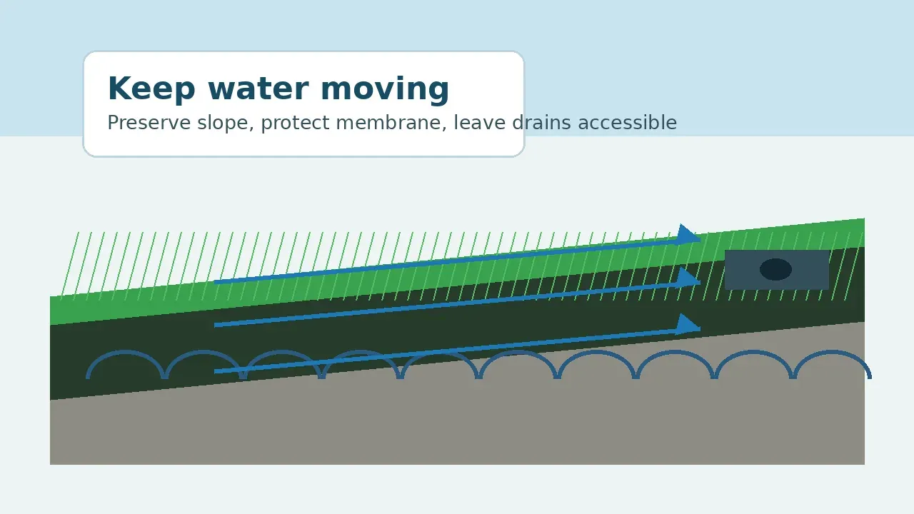 Rooftop artificial turf drainage system preserving slope toward a roof drain