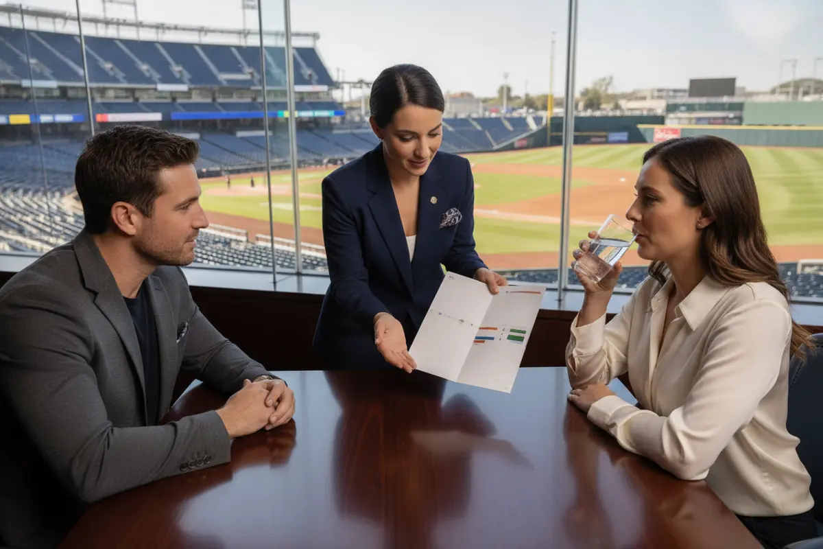 A corporate host reviews game-day plans with guests in a baseball hospitality lounge