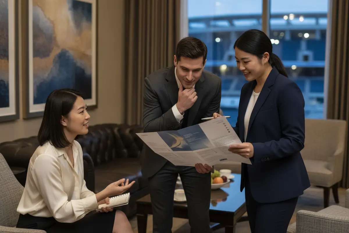 A host reviews a basketball event itinerary with guests before game day