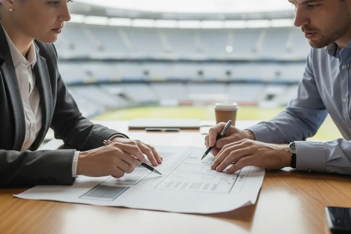 An event planner reviewing a game-day schedule and guest logistics with a colleague