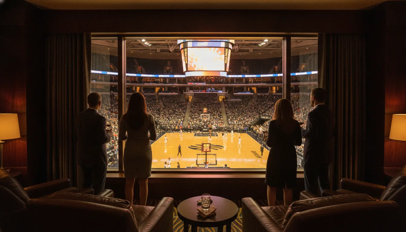 Guests watching a college basketball game from a private suite above the court