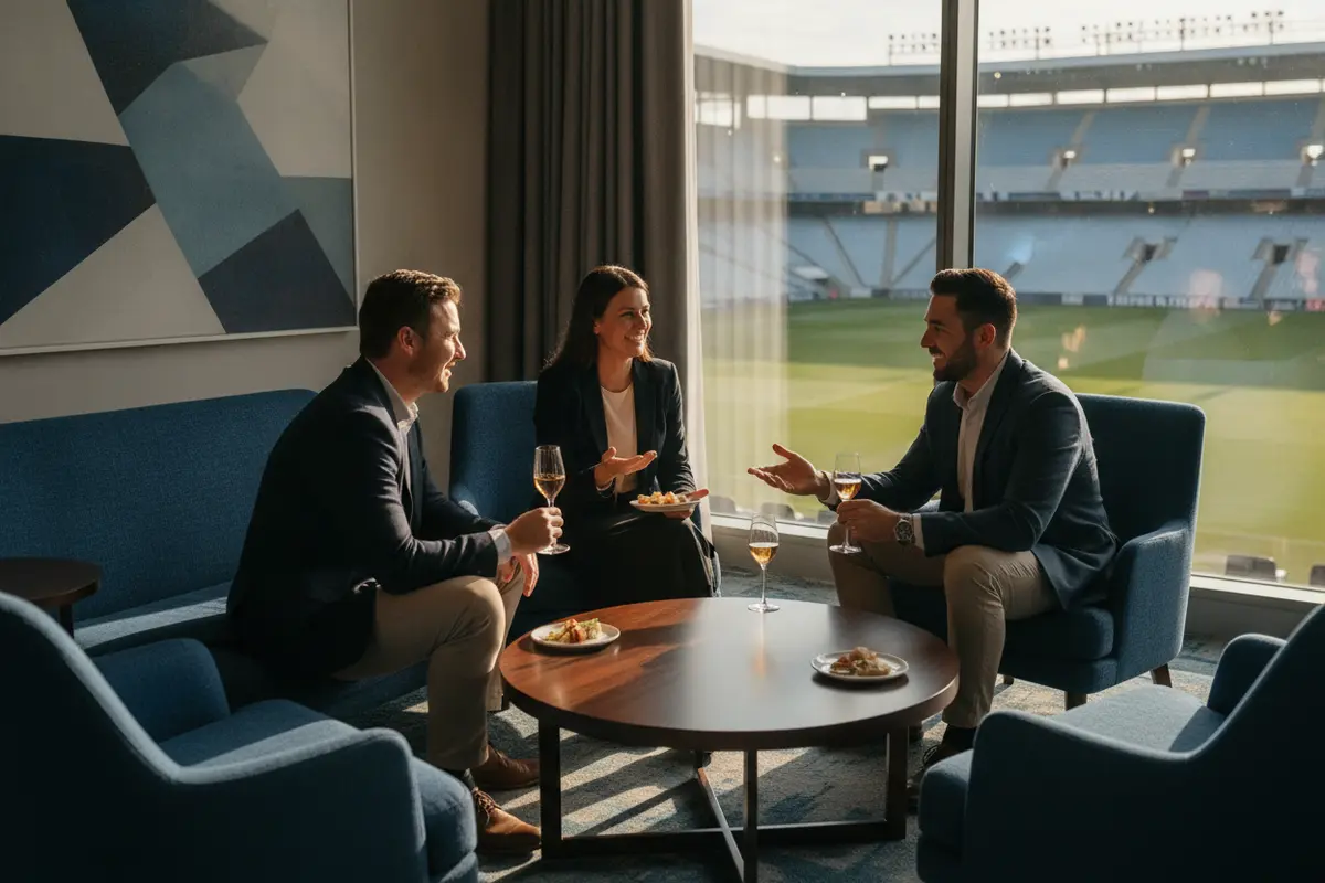 Corporate guests discussing an event plan in a football stadium hospitality space