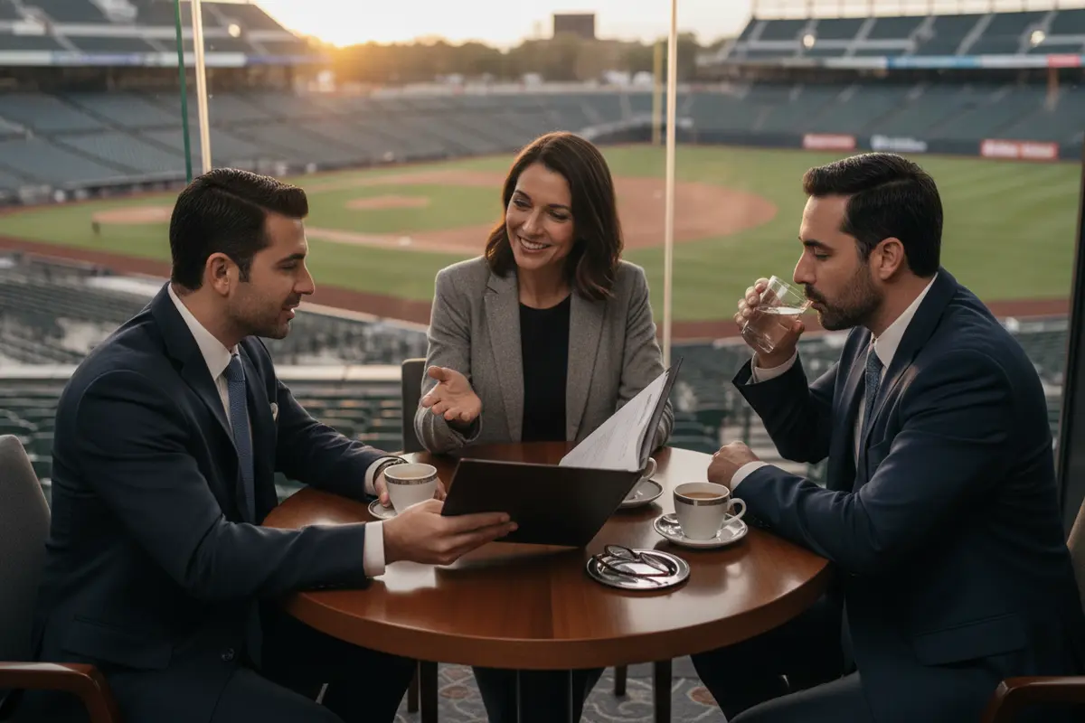 Corporate guests discussing an MLB All-Star event itinerary in a stadium hospitality setting